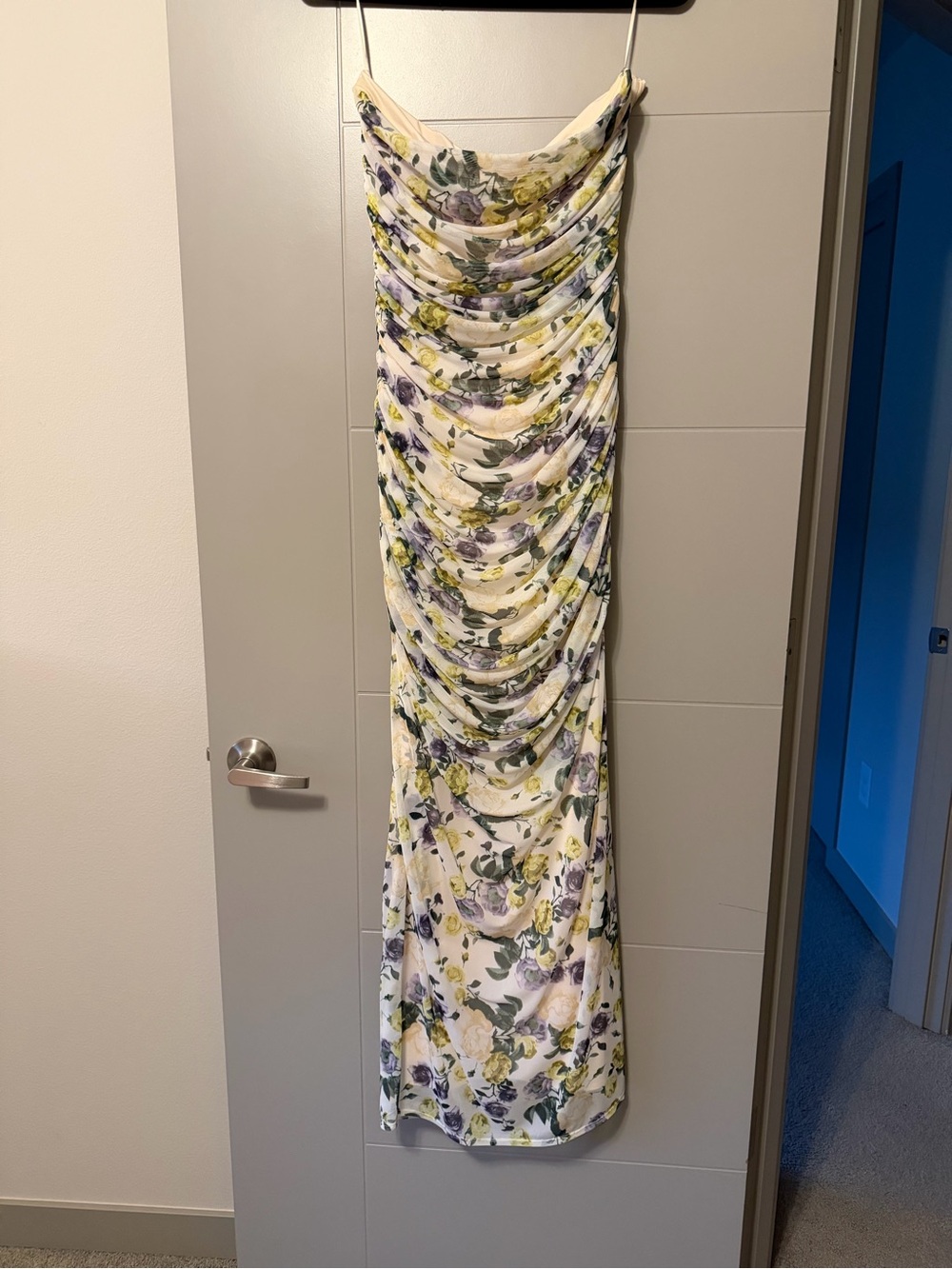 Abercrombie & Fitch Strapless Floral Maxi Dress in White, Yellow & Purple